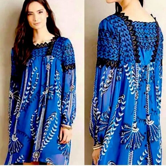 FLOREAT ANTHROPOLOGIE Black Blue Embroider Floral LISSE Peasant BOHO Dress 2 - Picture 1 of 10